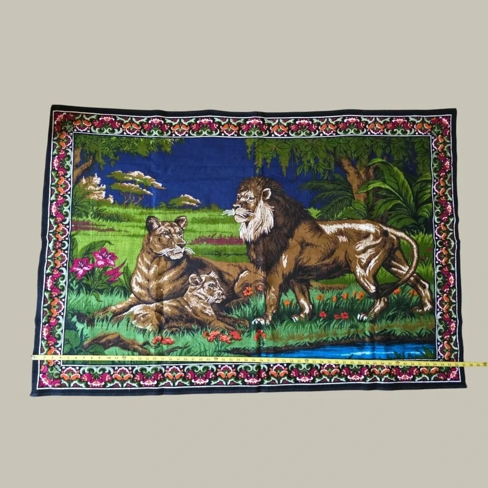 Vintage Lion Family Jungle Woven Wall Hanging Tapestry 58x38 Safari Wildlife